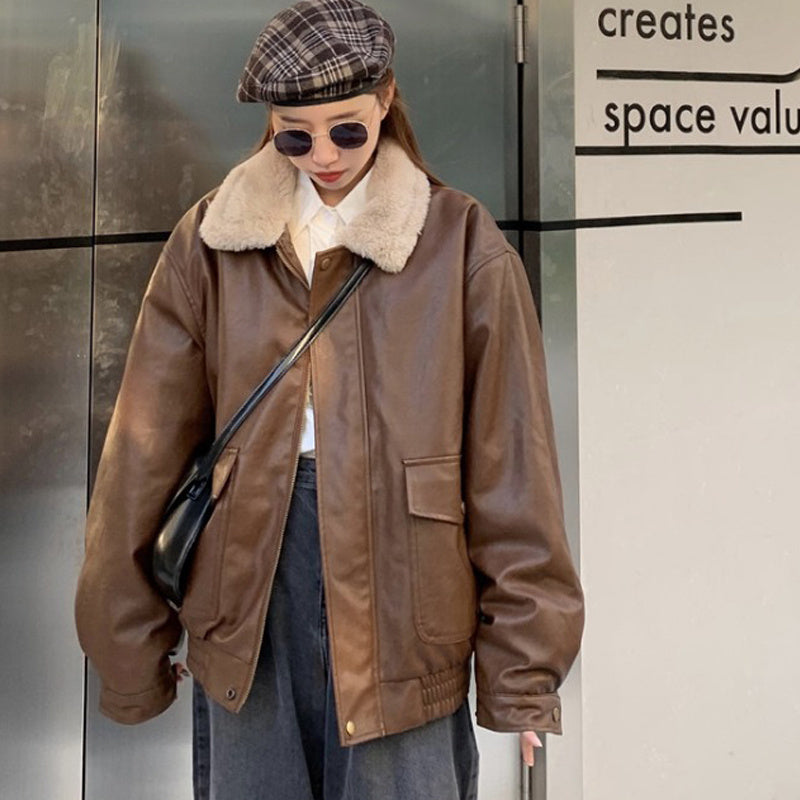 Women's Fashion Retro Leather  Warm Jacket