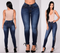 three images of a woman in jeans and heels