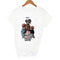 a white t - shirt with a picture of a man and two children on it