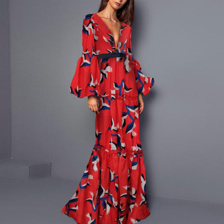 V-Neck Digital Printing Dress in Polyester-Spandex Blend